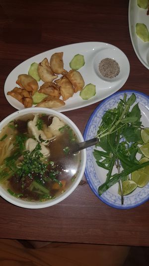 Dumpling noodle soup and fired dumplings! Delicious and vegan. at Maitreya Healthy Vegetarian Restaurant in Phnom Penh