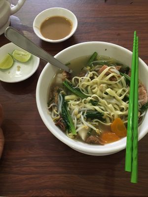 Noodle dumpling soup at Maitreya Healthy Vegetarian Restaurant in Phnom Penh