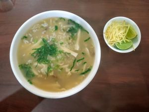 Rice porridge (served with ginger and lime) at Maitreya Healthy Vegetarian Restaurant in Phnom Penh