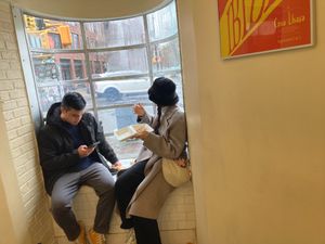 This is all the seating inside (i.e., just about no seating) at Apollo Bagels in New York City
