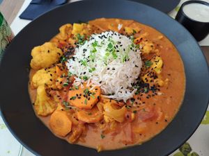RED CURRY BOWL

Cauliflower and carrot both crispy and creamy perfectly combined with marinated tofu aside at BioMania Bistro in Zagreb