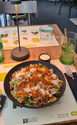 Caesar salad with rice paper- local addition of smoked paprika flavour at BioMania Bistro in Zagreb