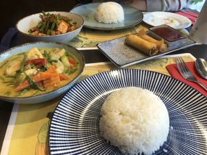 Vegane Frühlingsrollen sowie grünes Curry und Wok Gericht mit Tofu    at Khao Thai in Zandvoort