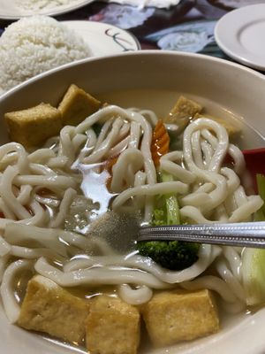 Udon with veggies in a clear broth (added tofu)  at Suvi Thai and Sushi in Homestead