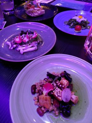 First course: tempeh, spinach, noodle salad and tofu at Umami in Maastricht