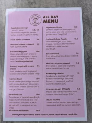 Menu January 25 at Double Drop Espresso in Armidale