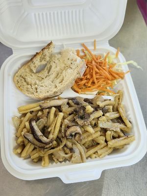 Pasta with mushroom and onions in a homemade hummus sauce at La Antropología de la Comida in Salinas