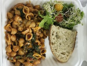 Mixed Veggie pasta with red sauce and homemade Sourdough at La Antropología de la Comida in Salinas