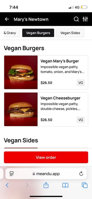 Vegan burger   at Mary's in Newtown