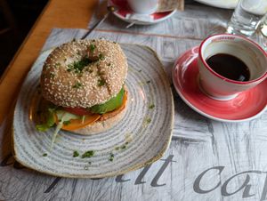 Vegan bagel plus coffee at Le Petit Cafe in Ljubljana