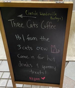 Entrance is at the end of the streett  at Three Cats Coffee in Woodinville