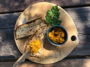 One of our dips: 
Backed pumpkin, mostaza y chili.   at Finca San Pedro in Barichara