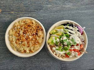 Left Carbonara Right Falafel bowl at Island Naturals Cafe in Seven Mile Beach
