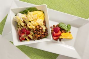 Strawberry Mango Salad w/ Chia Seed Oil and Vinegar Dressing at Island Naturals Cafe in Seven Mile Beach