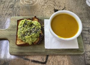 Avocado toast and pumpkin soup  at Island Naturals Cafe in Seven Mile Beach