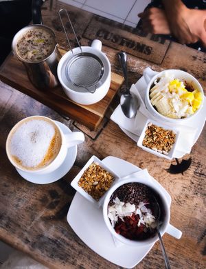 Açaí bowls, coconut milk late, and chai tea! at Island Naturals Cafe in Seven Mile Beach