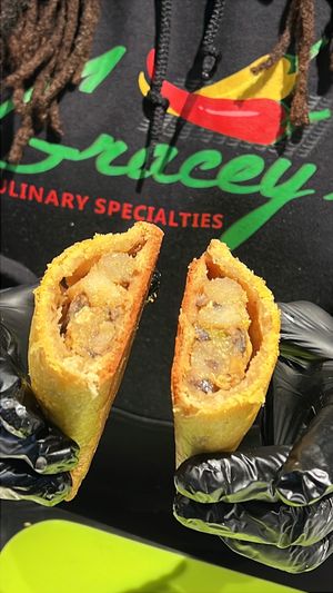 Vegan Meat Pie (ackee, potatoes, mushrooms) at Gracey's Culinary Specialties in Bronx