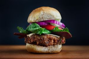 veggie burger. patty is made of fresh veg, legumes, grains, herbs & spices at Vegan Commissary in Philadelphia