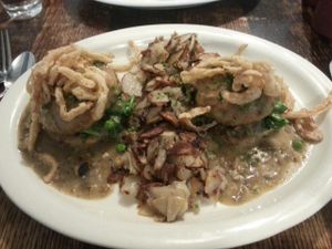 Biscuits & gravy!  Delicious.  Biscuits are very dense.  The fried onions are great and there is a nice subtle smoke flavor. at Vegan Commissary in Philadelphia