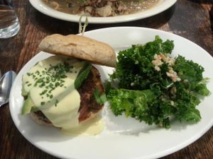 Brunch burger!  Best burger ever, so much flaovr!  Avocado & hollandaise sauce included.  Kale salad was very fresh.  at Vegan Commissary in Philadelphia