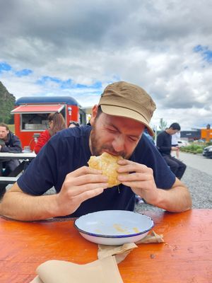 Santi eating vegan at Stoked Local Sangucheria  in Wanaka