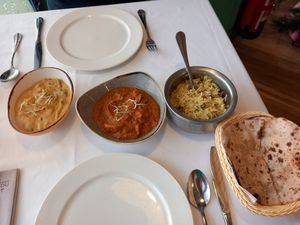Korma. Medium spiced curry. Mushroom fried rice. Roti bread with garlic. at Kathmandu Restaurant Benidorm in Benidorm