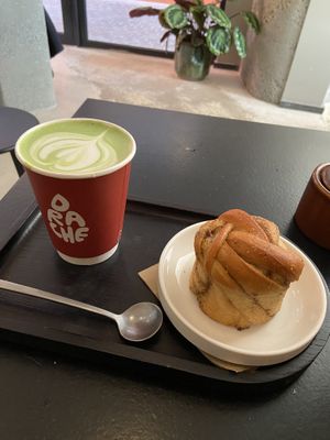 Matcha and cardamom bun  at DRACHE Specialty Coffee Bar in Brussels