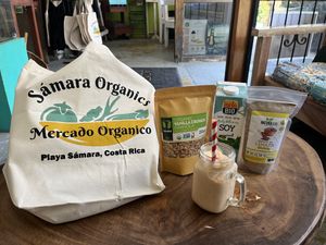 Mango Papaya Banana smoothie made with organic soy milk  at Samara Organics in Samara