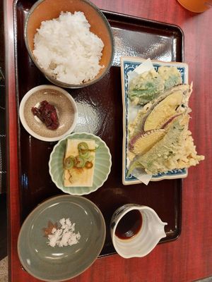 Veganized vegetable tempura set at Tsuchifuku Shokudo in Kyoto