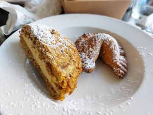 Left: half an oatmeal cream pie. Right: 1 PBJ fried pie (comes with 2). Both desserts are vegan. at Handlebar in Chicago