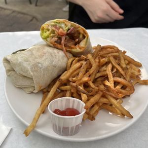 buffalo chicken wrap w fries (seitan!)  at Handlebar in Chicago