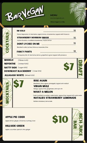 Menu pt2  at Bar Vegan Baltimore in Baltimore