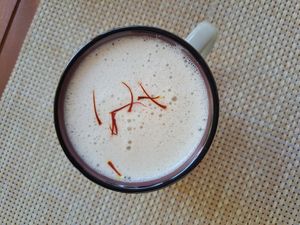 Saffron, cinammon & tahini latte with almond milk #Veganuary at Ojas Vegan & Vegetarian Eatery in Siem Reap