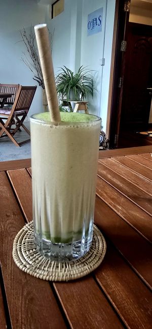 Matcha, banana, vanilla smoothie at Ojas Vegan & Vegetarian Eatery in Siem Reap