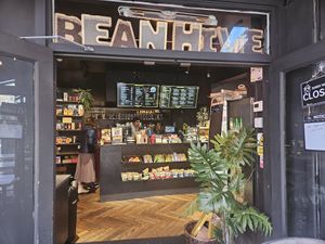 The entrance and sandwhich and coffee menu at Beanhive Coffee - Baggot St in Dublin