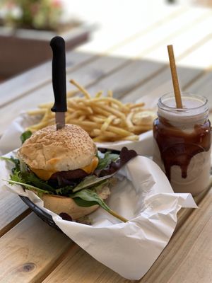 Vegan Big Mac, fries and soy chocolate milkshake at The Pearfect Pantry in Osbourne Park