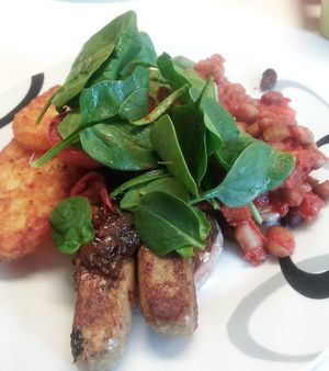 Vegan big brekky at the Pearfect Pantry - part of the weekend menu. Vegan rosemary sausages, caramelised onion jam, hashbrowns, toast, tomato, spinach and beans. Also comes in a smaller serving 'for the light weight'. at The Pearfect Pantry in Osbourne Park