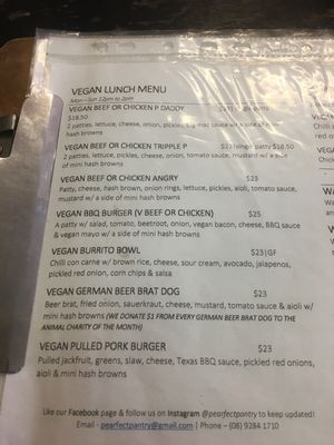 Vegan lunch menu at The Pearfect Pantry in Osbourne Park