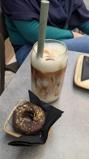 Vegan donut and ice latte at 5 Beans Coffee in San Gwann