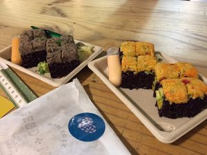 I loved the little dips/sauces that they gave with each roll! at Beyond Sushi - Chelsea Market in New York City