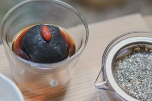 After-meal menu for standard course only: Seasonal Tea & Black sesame tofu at AWOMB Karasuma Honten in Kyoto