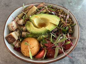 Tofu Avocado Salad- Pan-fried tofu, mixed greens, grilled seasonal vegetables, avocado, cherry tomatoes, sweet potato mash, and turmeric quinoa  at PVG - O'Mills Bakery & Bistro T2 - D73 in Shanghai