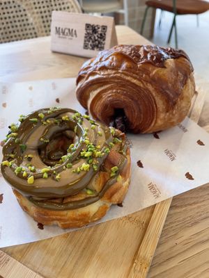 Croissant de pistacho y pain au gianduja.  at Magma Bakery Lab  in Barcelona