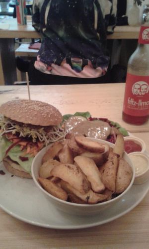 Burger,  wedges and applecherry schorle at Let It Be in Berlin