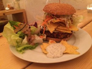 Specialburger Laura Miller - homemade quinoa-sweet potato patty, tortilla chips, zucchini anitpasti and herb yoghurt sauce at Let It Be in Berlin