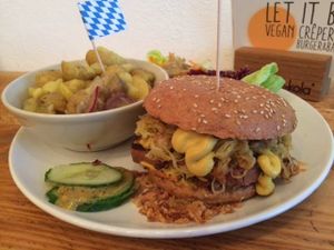 Wies'n Burger - Special Burger during Oktoberfest!
Bavarian vegan meatloaf, sauerkraut, fried onions, swet or spicey mustard, pretzels.  at Let It Be in Berlin