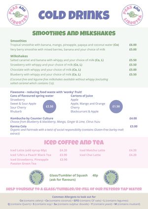 New menu as of April '25 at Peas and Libertea in Whitley Bay