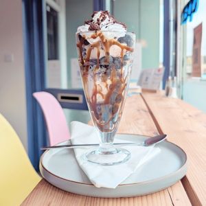 Chocolate brownie, blueberry and salted caramel ice-cream sundae at Peas and Libertea in Whitley Bay