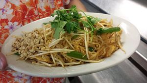 A Thai favorite!  Rice noodles stir fried with organic chicken, eggs, bean sprouts, green onions and a tasty sauce garnished with freshly ground - (also available in vegetarian style) at Thai Spices in Sedona