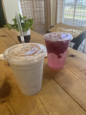 Coconut sour sap smoothie and dragonfruit lemonade   at Vegan On The Island in Longwood